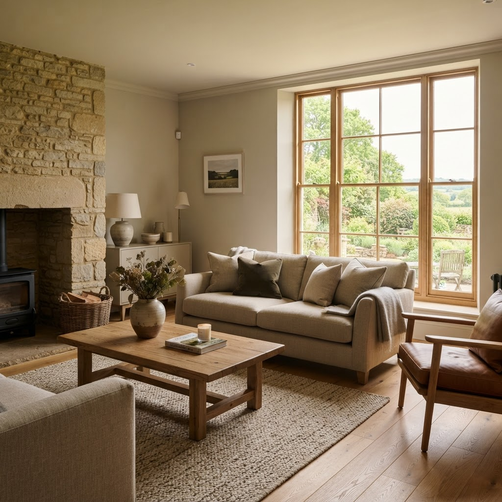 Light-filled furnished apartment living room in Oxfordshire